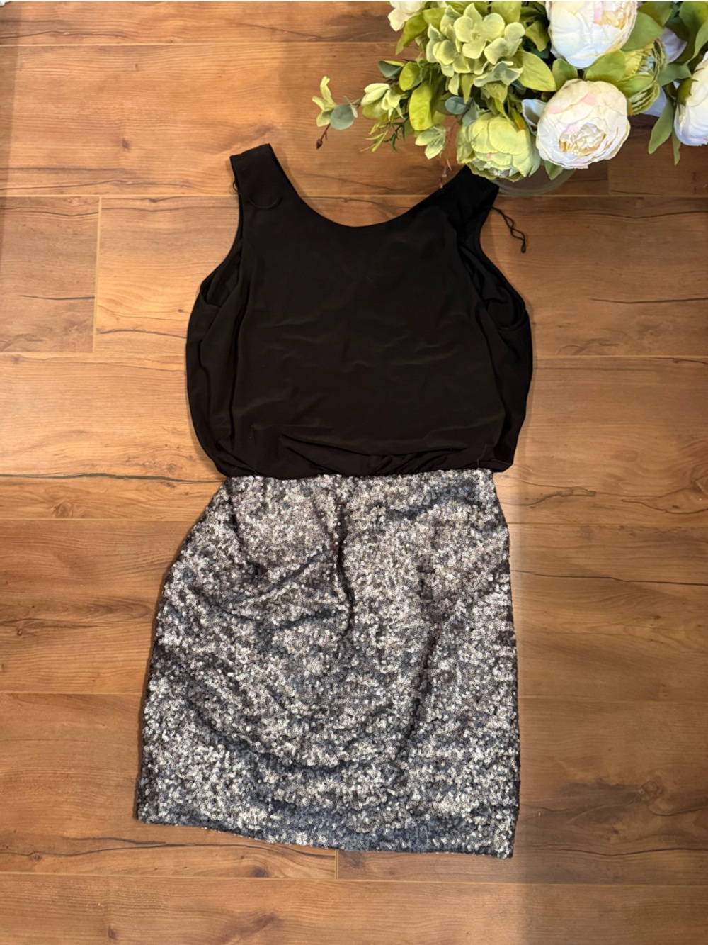Black Sleeveless dress with Silver Sequin Pencil Skirt